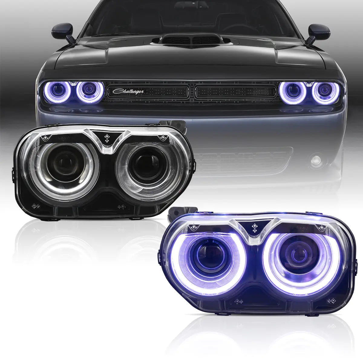 15-24 Dodge Challenger Vland juodi RGB priekiniai žibintai [E-mark]