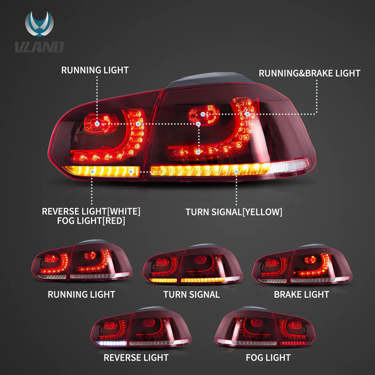 08-12 VW Golf Mk6 Vland LED galiniai žibintai su dinaminiais posūkio signalais [E-mark]